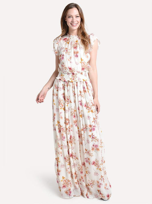 ML Monique Lhuillier Short Sleeve Printed Maxi Dress